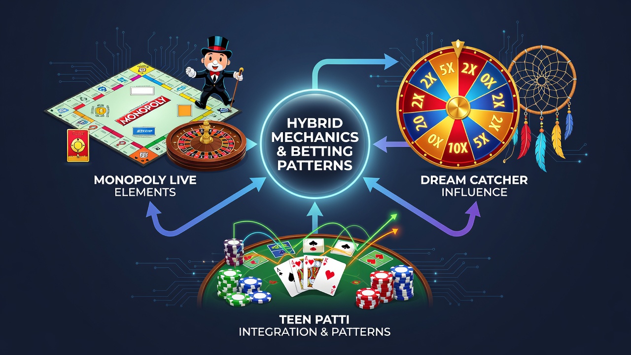 Split screen view of Dream Catcher wheel next to active Dragon Tiger and Teen Patti tables with real-time betting overlays